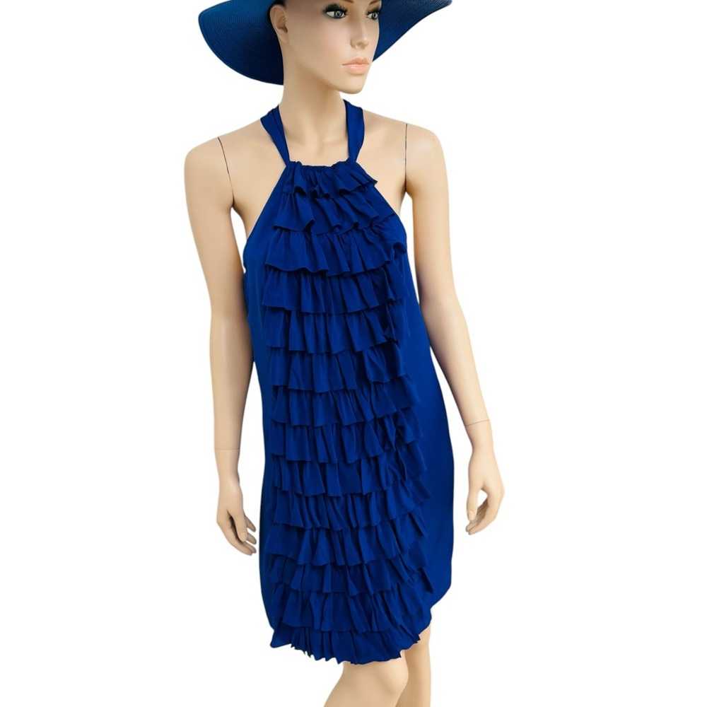 Va Et Vien 100% Silk Ruffle Halter Dress Women Size 8 Blue Cocktail Party Resort - Picture 4 of 11